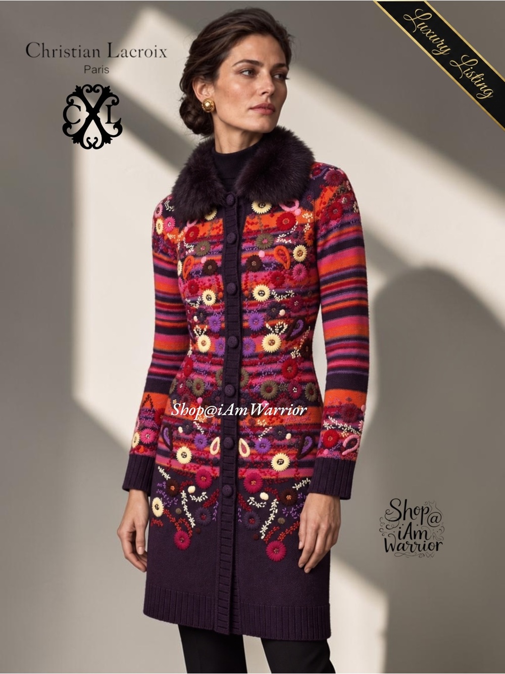 Christian Lacroix RARE Embroidered Striped Wool Fur Collar Long Cardigan Duster